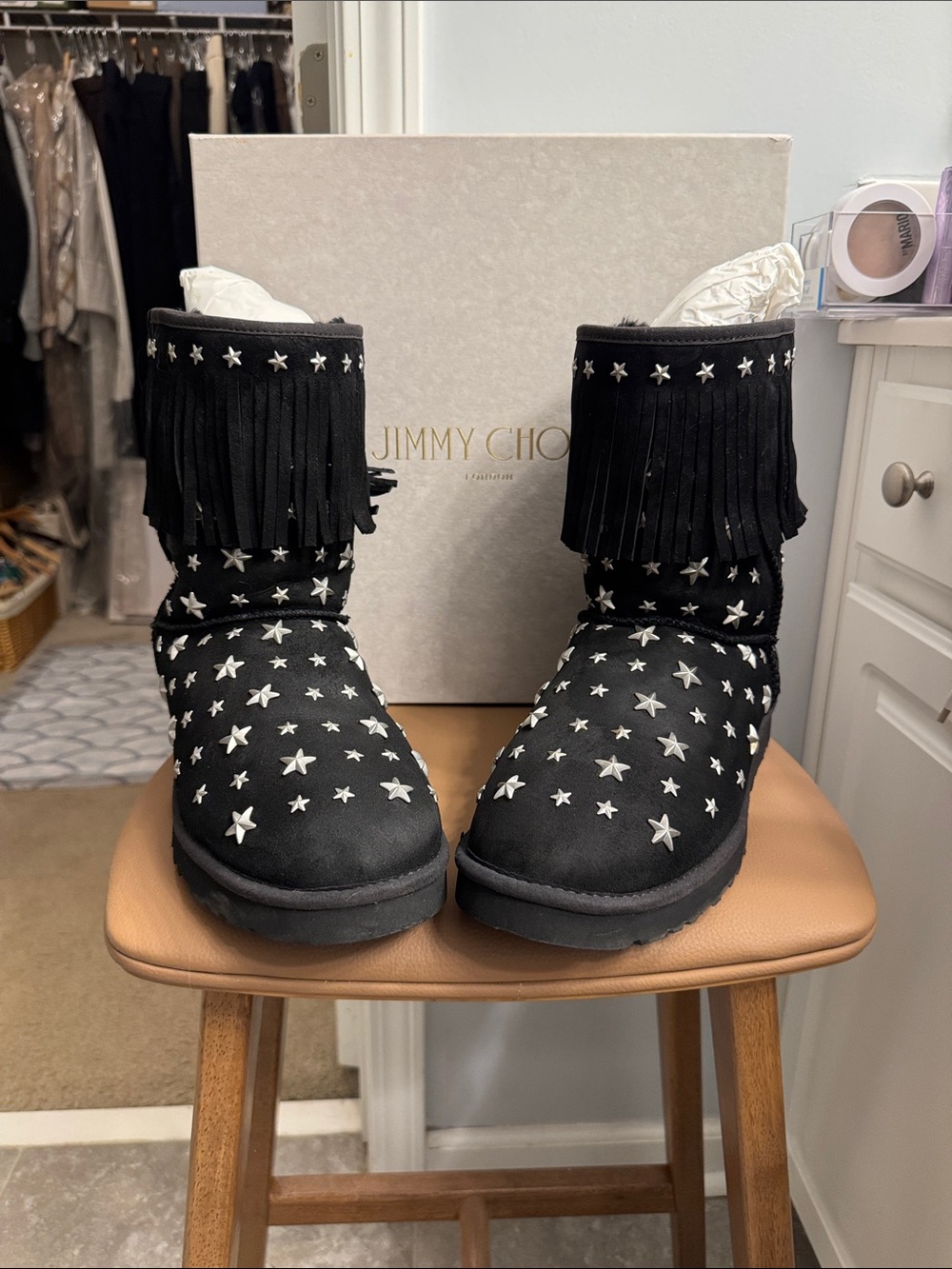 Jimmy Choo Black Suede Fringe Boots with Silver Star Studs